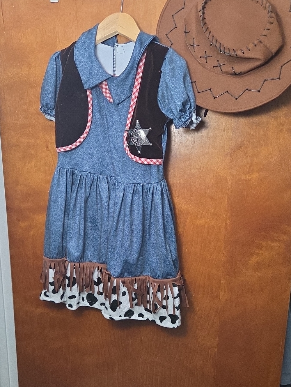 Cowgirl Kids Costume Dress with Brown Hat - Blue and Cow Print